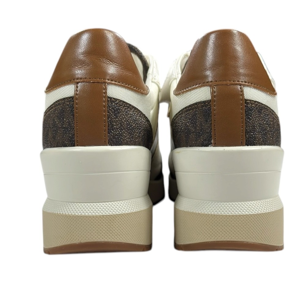 Michael Kors Georgie Wedge Sneakers 7 Brown White Logo Trainer Luxury Streetwear - Picture 3 of 11